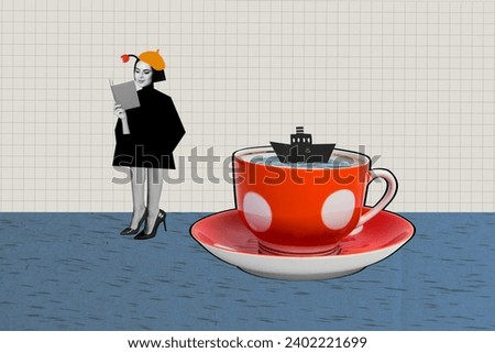 Composite collage picture image of cute dreamy female reading book novel cafe ship sea inside tea cup comics zine minimal concept