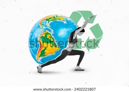 Horizontal photo collage of young sportswoman do yoga earth globe merging with nature care about health ecology isolated on white background