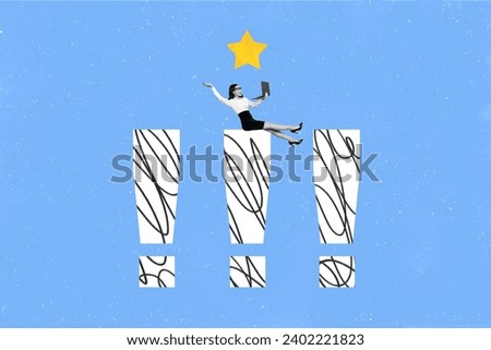 Horizontal surreal photo collage of businesswoman sit on giant exclamation mark hold laptop raised hands happy reached star challenge done