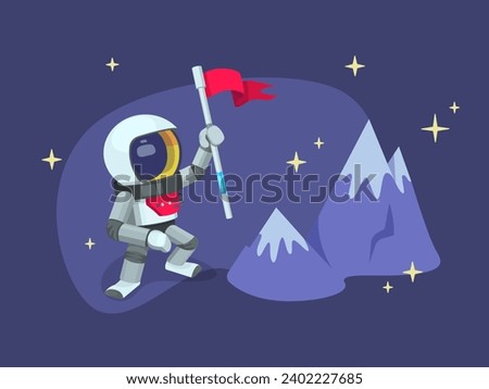 An astronaut stands next to the mountains and raises a red flag up..The concept of success, achieving goals and planning. Nice vector UI illustration for your business.