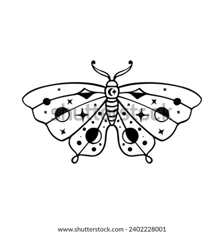 Celestial Butterfly Doodle Illustration. Hand Drawn Beautiful Line Art Butterfly Tattoo. This boho butterfly  are good for design of mystical project, card and poster making, decoration clothes, etc