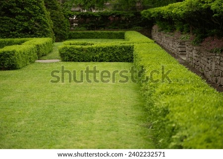 sunken garden with boxwood hedges and pathways - macro lens, particular focus (mid way point) Royalty-Free Stock Photo #2402232571