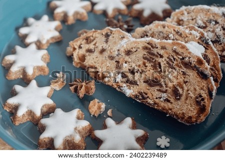 German Christmas pastries, zimtsterne, dresdner stoller, schoko lebkuchen