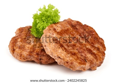 Fried pork burger patties, isolated on white background
