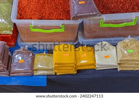 Dried Asian Spices in Bags at Farmers Market Stall