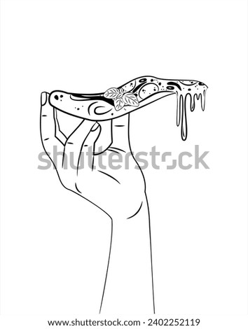 Hand holding a slice of pizza. Italian food. Pizza in hand. Pizza vector. Vector illustration.
