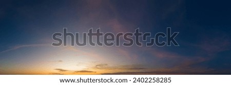 Horizon panorama and dramatic twilight sky and cloud sunset background. Natural sky background texture, beautiful color. Weather and nature concept
