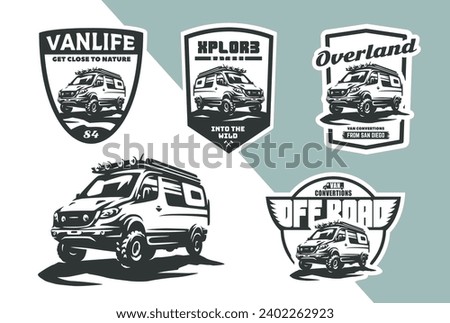 Set of offroad camper van emblems and logo. Logotype for van conversion company. Converted van for offroad expeditions. Hand drawn, not AI. Royalty-Free Stock Photo #2402262923