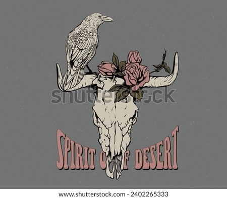 cow skull with rose and crow vector design, western desert retro vintage artwork for t shirt, sticker, poster, graphic print, bull skull artwork, vintage floral design