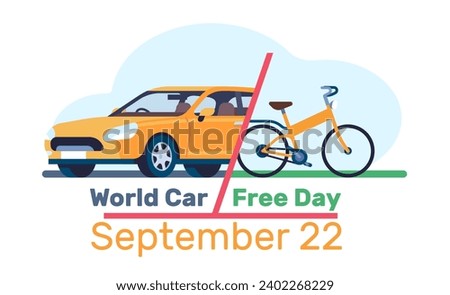 World Car Free Day banner. Sedan automobile or bicycle. Drive transport. Ride on cycle. Environment conservation. International event date. Vehicle pollution reduce