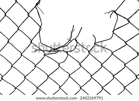 The texture of the metal mesh on a white background. Torn steel, metal mesh with holes. fence Royalty-Free Stock Photo #2402269791