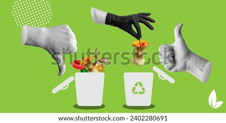 Ecology, sorting rubbish, recycling concept. Hand in black glove sorts household waste. Thumbs up in approval of recycling, reuse. Thumbs down in condemnation of unsorted rubbish. Minimalist collage. Royalty-Free Stock Photo #2402280691