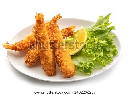plate of fried breaded torpedo shrimps isolated on white background Royalty-Free Stock Photo #2402296237