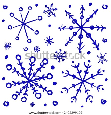 Hand-drawing blue snowflakes on white background. Isolated. Holiday greeting card. For banner, poster and design