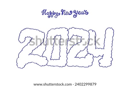 Happy new year 2024 text. Handwritten lettering with dots for holiday postcards, banner and poster. White background. Isolated font
