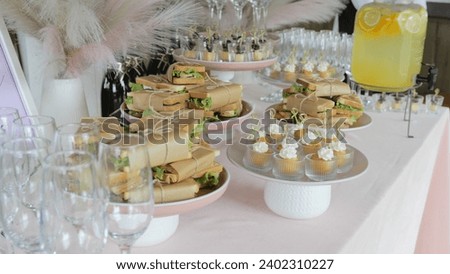 Catering with sandwiches and snacks, fruit lemonade. Snacks at the buffet. Business lunch.