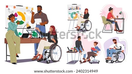 Diverse, Capable Characters With Disabilities Contribute To The Office Environment. Adapted Workspaces And Inclusive Practices Foster A Collaborative Atmosphere, Emphasizing Abilities Over Limitations Royalty-Free Stock Photo #2402314949