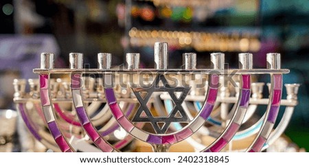 Menorah, Jewish national candlestick, in a gift shop