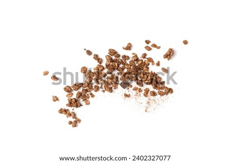 Scattered Chocolate Granola Isolated, Flying Cocoa Muesli, Crunchy Cereals, Seeds and Grains Oatmeal Muesli, Chocolate Granola on White Background Royalty-Free Stock Photo #2402327077