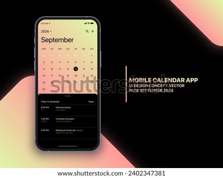 Mobile App Calendar September 2024 Page with To Do List and Tasks Vector UI UX Design Concept on Isolated Photo Realistic Smart Phone Screen Mockup. Smartphone Business Planner Application Template