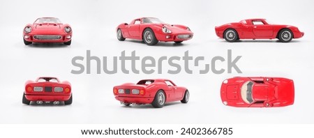 isolated simple and red sport car on white background and perspective from front, back, side and top
