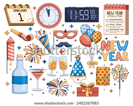 Collection of New Year celebration clip art vector illustrations, featuring festive elements such as fireworks, champagne, balloons, confetti, etc