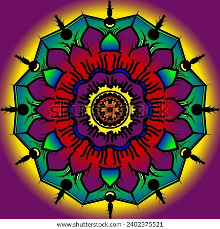 Mandala illustration in doodle style. Brightly colored mandala designs for print, posters, covers, brochures, flyers, signs, book covers, gradients.