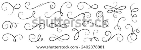 Line flourish swirl vector calligraphy ornament elements. Fancy line flourish text typography accent, filigree modern curve ornament. Curl elegant vintage simple design elements. Vector illustration Royalty-Free Stock Photo #2402378881