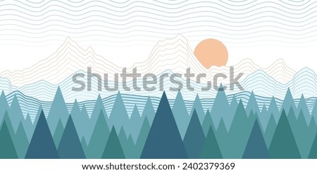 Stylized landscape, abstract mountain view, forest and the setting sun, seamless border, vector illustration Royalty-Free Stock Photo #2402379369