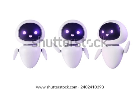 Set of Ai chatbot 3D render. Neural cute mascot in various pose, robot waving hand. Smart robotic character. Isolated vector illustration. Help assistance, artificial intelligence support device. Royalty-Free Stock Photo #2402410393