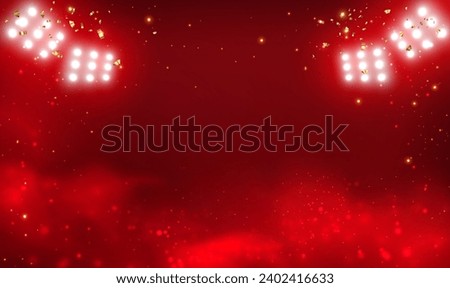 Empty scene background with red smoke spotlights. Red smoke mist fog background with gold glitter sparkle. Red stage studio with smoke float up the interior texture for display products. Vector EPS10.