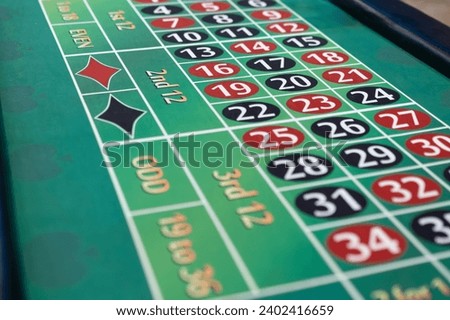 Thrilling casino moment: the classic roulette wheel spins on an elegant table, capturing the excitement of high-stakes gaming in sophisticated surroun Royalty-Free Stock Photo #2402416659