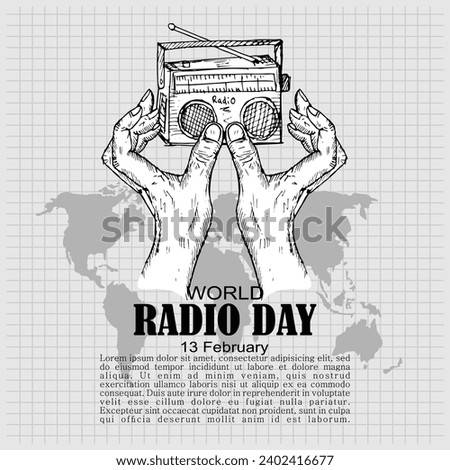 hand holding a radio, poster and banner vector
