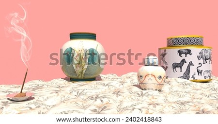 Indian Tropical Style Ceramic Jars for Pickle, Cookies. Wes Anderson style background. Royal Indian Pattern.  Container, Cookie Jar in colorful forest pattern. Balinese Vietnamese design. Still life.