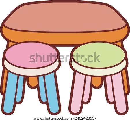 The theme of this illustration is Playroom. Wooden table and chairs in the playroom. Furniture chair design. Kids lastic table and chairs. Free classroom desk clip art. Diningroom for kids. Vector art