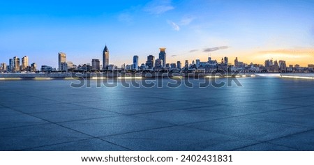 City Square floor and Shanghai skyline with modern buildings at sunset, China. Famous Bund architectural scenery in Shanghai. Panoramic view.