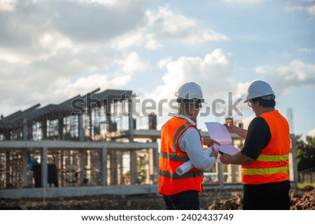 Two architects are standing and discussing building plans and checking the completion of construction, asian architect people working Royalty-Free Stock Photo #2402433749