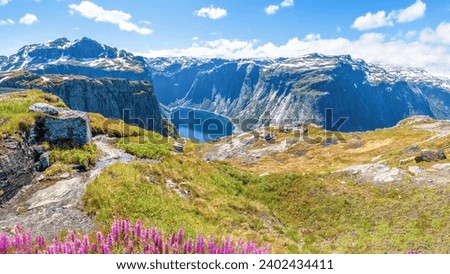 A view of the fjord on a summer day in the Hardanger fjord National park, Norway Royalty-Free Stock Photo #2402434411