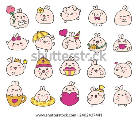 Kawaii bunny. Cute cartoon funny pet baby character. Smiling animal. Hand drawn style. Vector drawing. Collection of design elements.