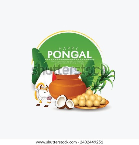 Happy Pongal Celebration Background With  Mud Pot, Sugarcane, banana leaf
 Royalty-Free Stock Photo #2402449251