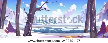 Cartoon winter snowy landscape with frozen lake in forest near mountains foot covered with snow. Vector illustration of natural cold scenery with icy water in pond, shore with tree and sky with cloud.