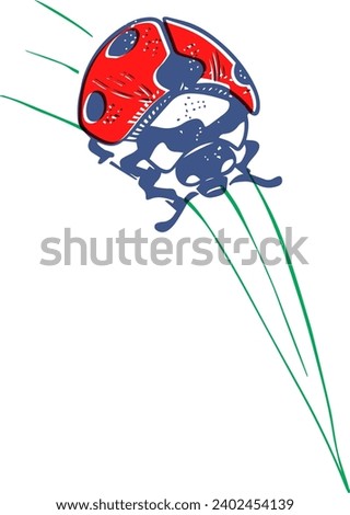 Vector riso print style ladybug red crawling on grass black lineart isolated on white background