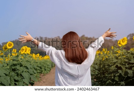 Sunny beautiful picture of young cheerful girl holding hands up in air and looking at sunrise or sunset. Stand alone among field of sunflowers. Enjoy moment