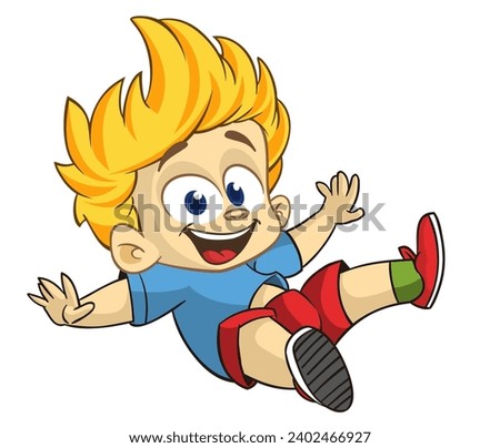 Cute little blond boy waving and smiling. Vector cartoon  
illustration of a teenager in casual street clothes presenting. Outlined. Royalty-Free Stock Photo #2402466927