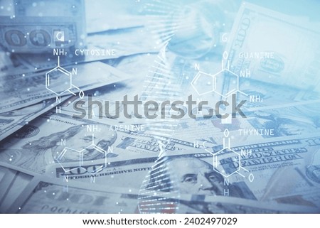 Double exposure of DNA drawing over usa dollars bill background. Concept of medical education.