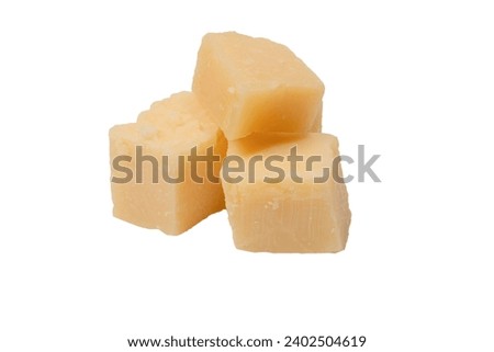 Cheese cubes isolated on a white background. Top view.  Royalty-Free Stock Photo #2402504619