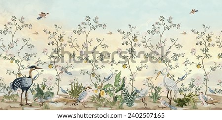 Blossom Chinoisserie Mural Silver Wallpaper, Watercolor background, birds, Tropical plant Royalty-Free Stock Photo #2402507165