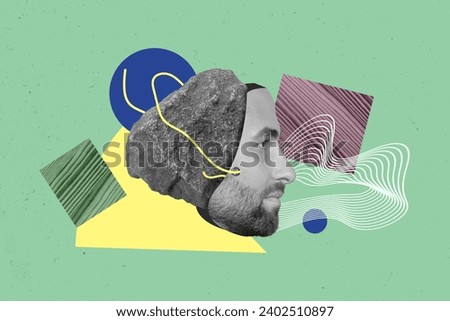 Abstract exclusive collage idea for illustration of young man face non emotional rock mask disguise isolated on green color background
