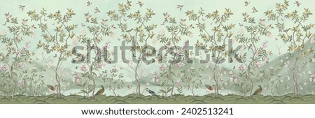  blossom tree With sparrow, finches, butterflies, dragonflies. Seamless pattern, background. Vector illustration. Chinoiserie, traditional oriental botanical motif. Royalty-Free Stock Photo #2402513241