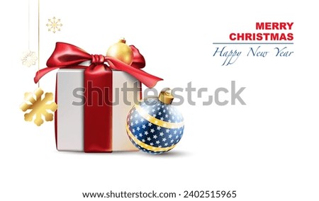 Vector illustration. 2024. Merry Christmas and Happy New Year. Background with festive white gift box with red ribbon, gold balls. Hanging golden snow